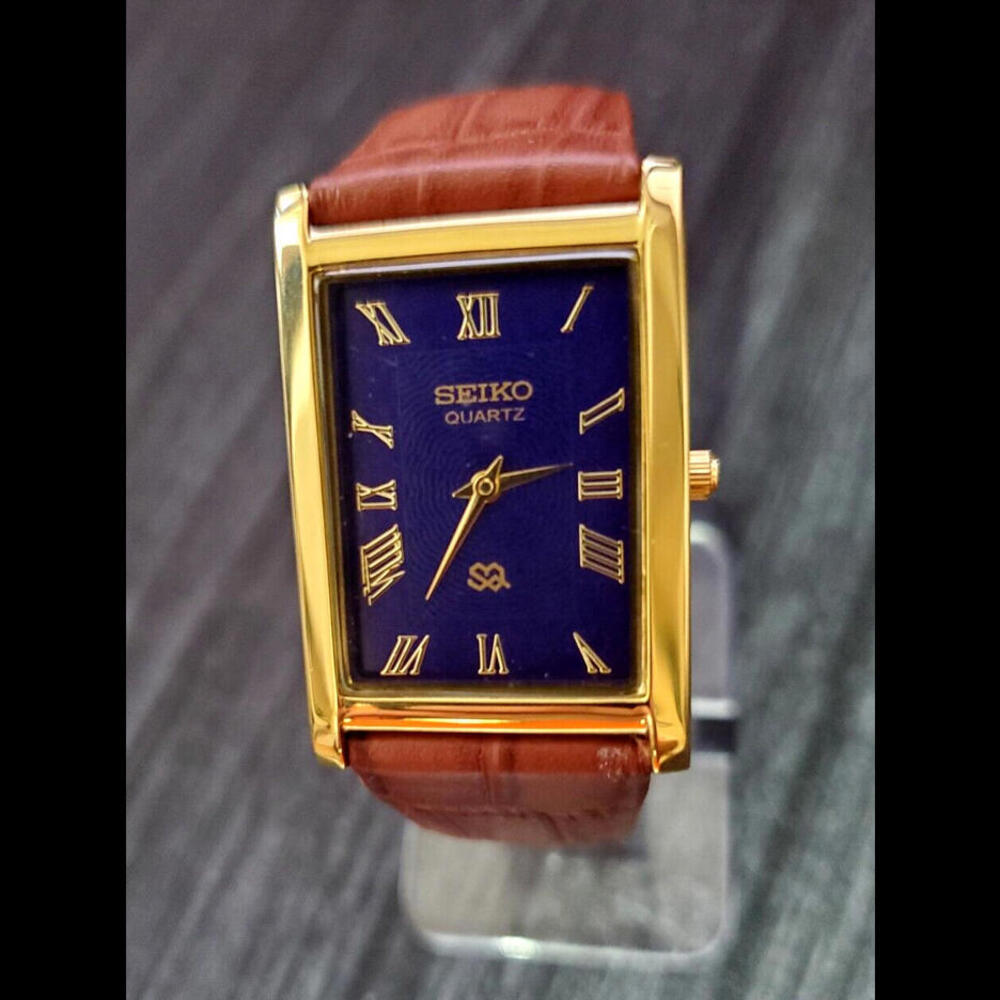 NOS Men's Slim Seiko Gold Tank Rectangular Blue Dial New Mvt & Batt 🌟 - Picture 6 of 7